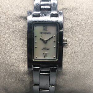 3/$30 Armitron Watch Women Silver Tone White MOP Dial Rectangle 6.25"